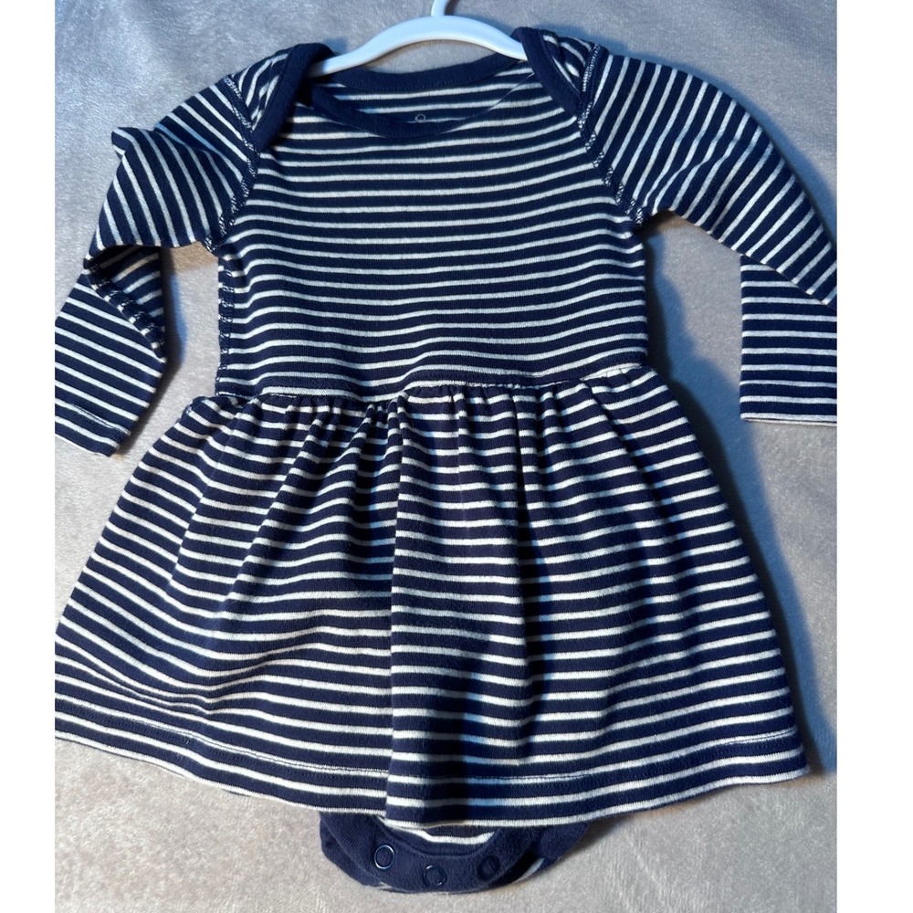 Moon and Back by Hanna Andersson Navy Stripe Long Sleeve Bodysuit Dress 6-12M